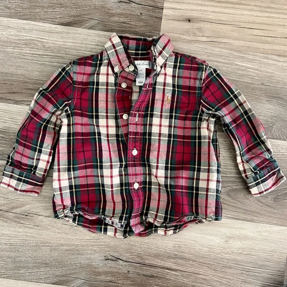 Baby Boy 12M Ralph Lauren Polo + Flannel Shirts Bundle Lot 4pc Fall Winter
